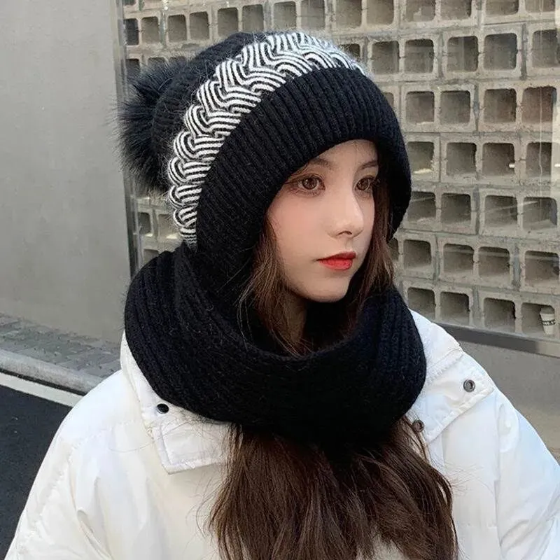 Women Winter Warm Beanies Hat Scarf set Breathable Rabbit Hair Blend Knitted Hat Scarf for Women warm lining Caps