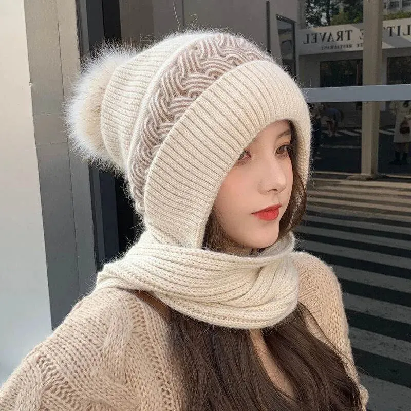 Women Winter Warm Beanies Hat Scarf set Breathable Rabbit Hair Blend Knitted Hat Scarf for Women warm lining Caps