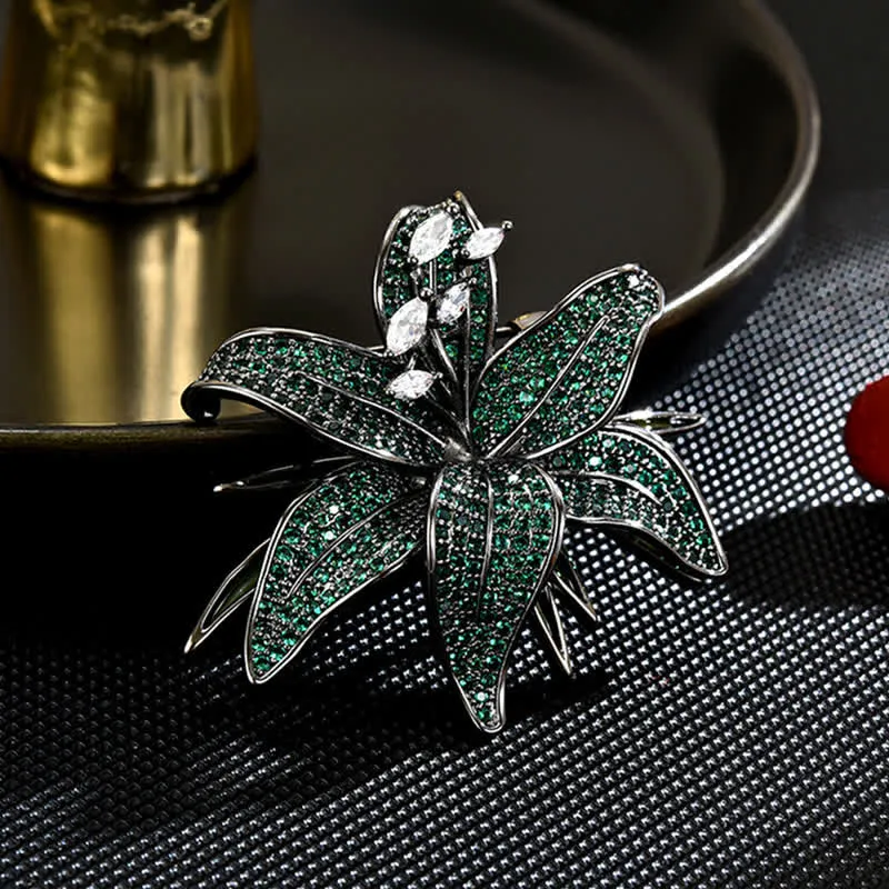 Women's Dark Green Lily Crystal Zircons Inlaid Brooch