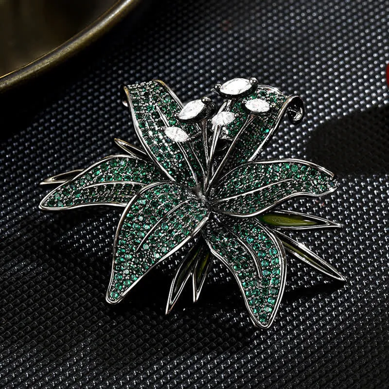 Women's Dark Green Lily Crystal Zircons Inlaid Brooch